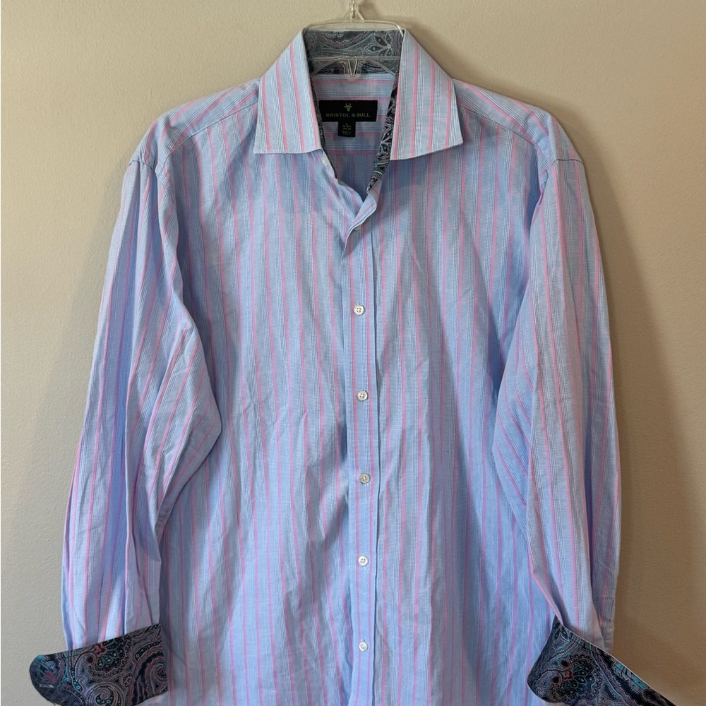Bristol & Bull Blue Pink Flip Cuff Collared Dress Shirt Large 16-16.5 34/35
